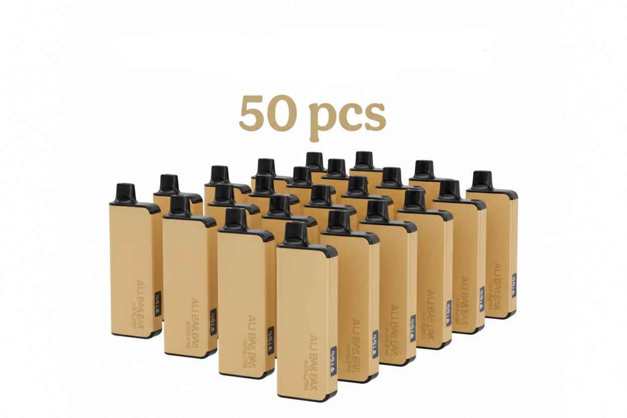 50 disposable vape devices with gold casing and black mouthpieces arranged in rows