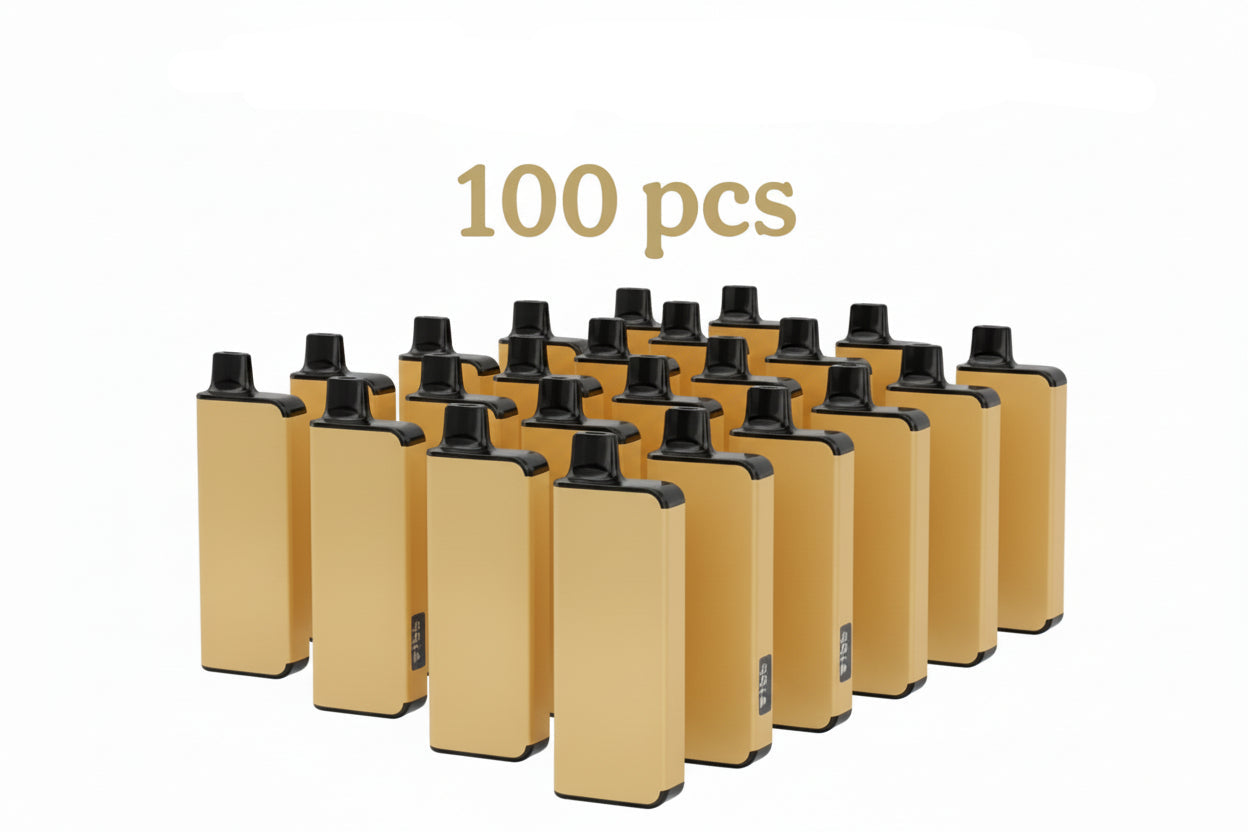 Bulk pack of 100 gold disposable vape devices with black mouthpieces, Alibarbarvaping.com
