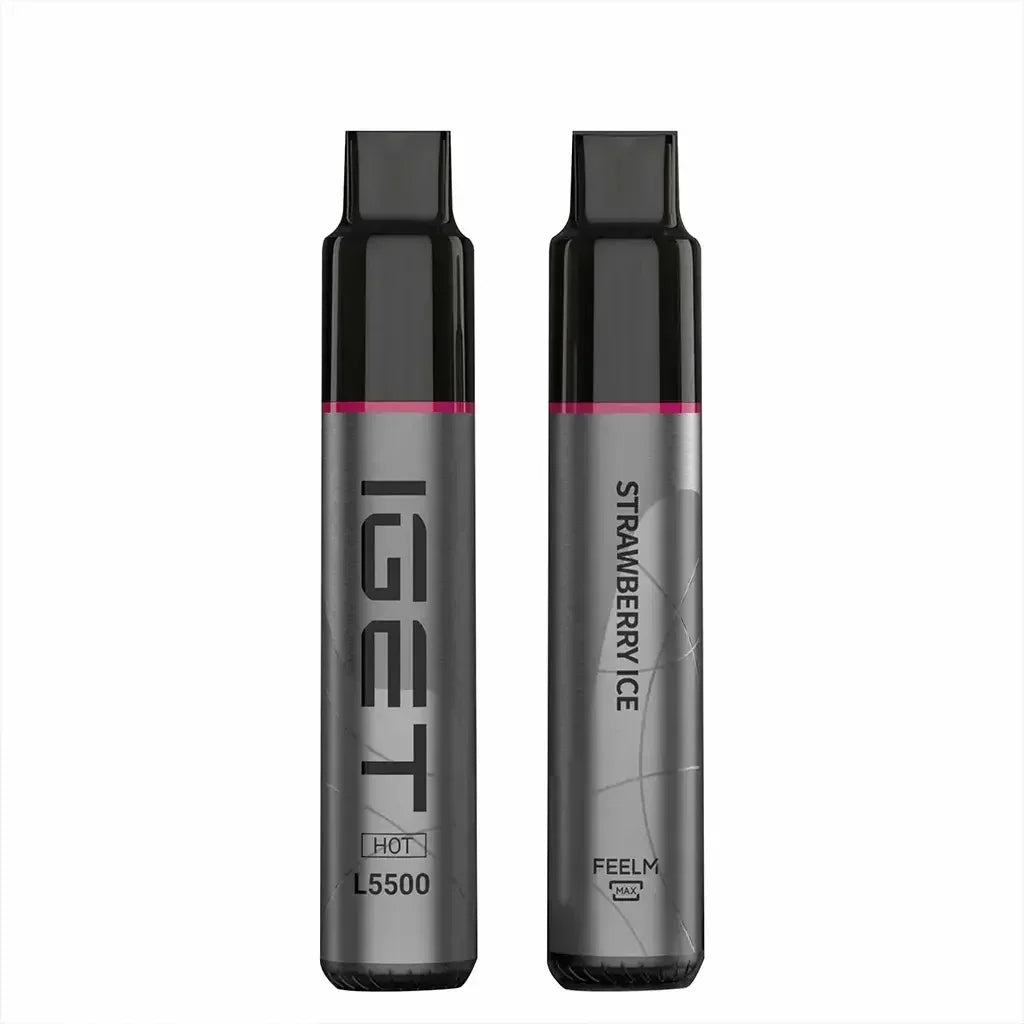 Two IGET L5500 vape devices in black and grey, labeled Strawberry Ice flavor.