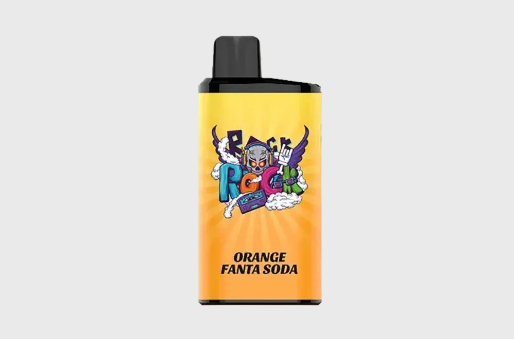 Disposable vape with cartoon design and Orange Fanta Soda flavor text on yellow background