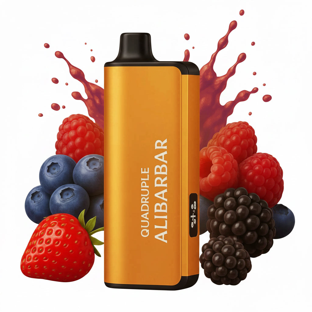 Yellow Alibarbar vape device with mixed berries including blueberries, strawberry, raspberries, and blackberries on orange background