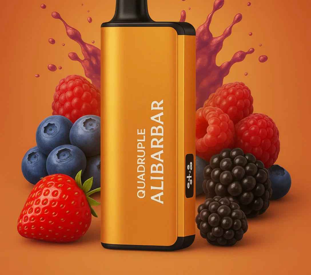 Yellow Alibarbar vape device with mixed berries including blueberries, strawberry, raspberries, and blackberries on orange background