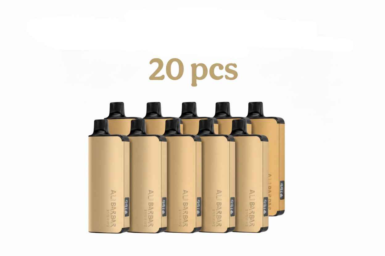 Gold disposable vape devices 20 pack with black mouthpieces, arranged on white background