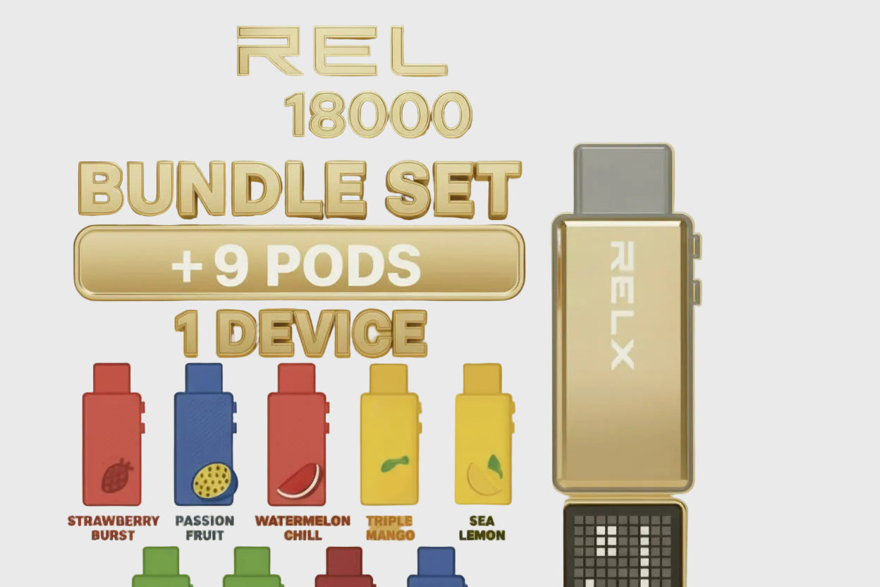 Gold RELX 18000 vape bundle set with 9 pod flavors and 1 device, variety of fruit options shown.
