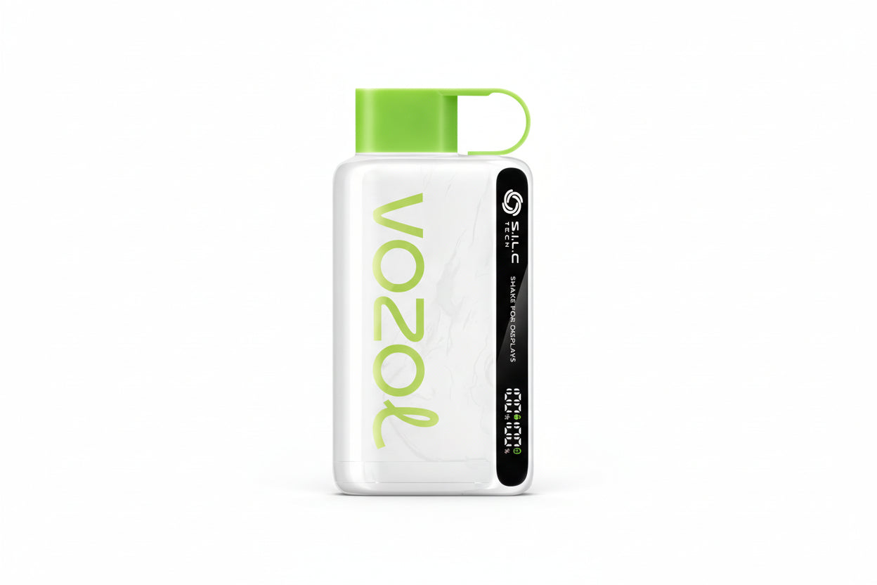 White and green Vozol vape device with digital display on a white background, Alibarbarvaping.com