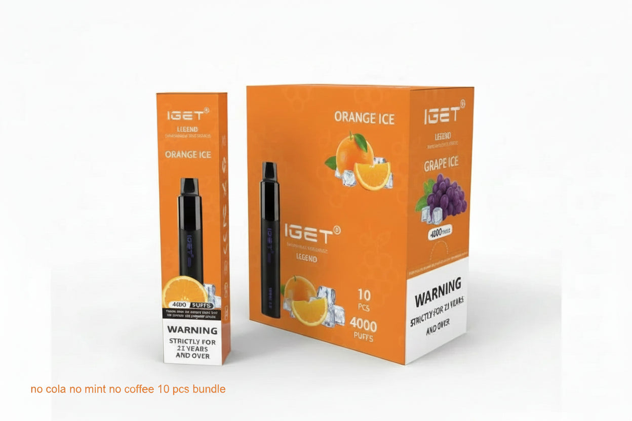 IGET vape bundle with Orange Ice and Grape Ice flavors, 4000 puffs, 10 pack.