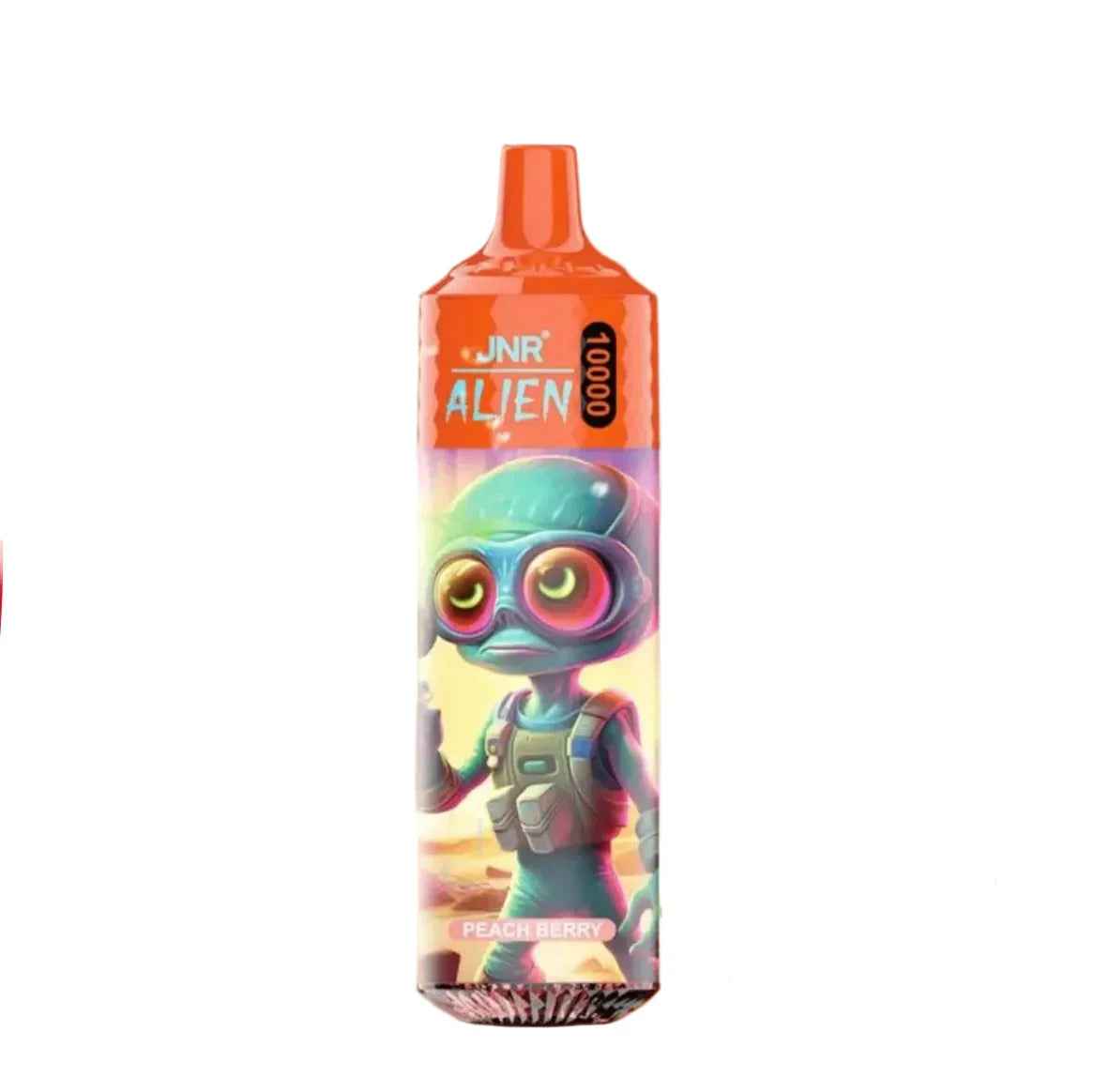 Orange vape device with cartoon alien design and peach berry flavor label, isolated on white