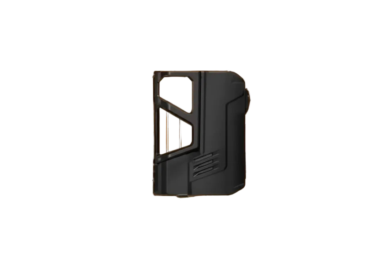 Sleek black vape device with geometric cutouts and textured details, Alibarbarvaping.com