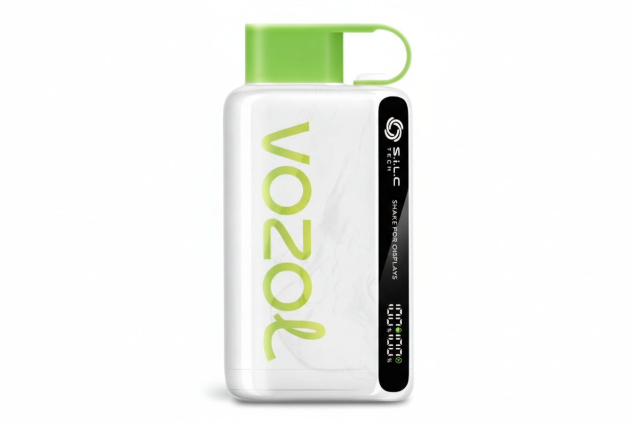 White and green VOZOL vape device with side digital display on a plain background.