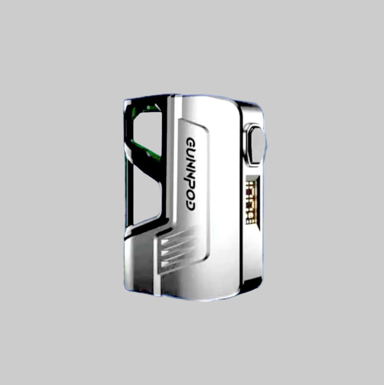 Silver GUNNPOD vape device with black accents on a plain grey background, Alibarbarvaping.com