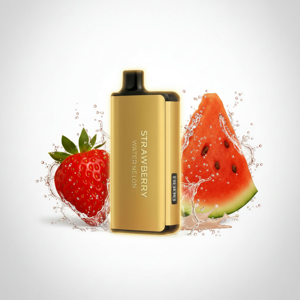 Strawberry watermelon vape device with fresh strawberry and watermelon slice on orange background.