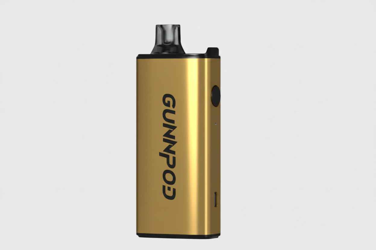 Gold rectangular vape device with black mouthpiece and button, displaying 'GUNNPOD' text.