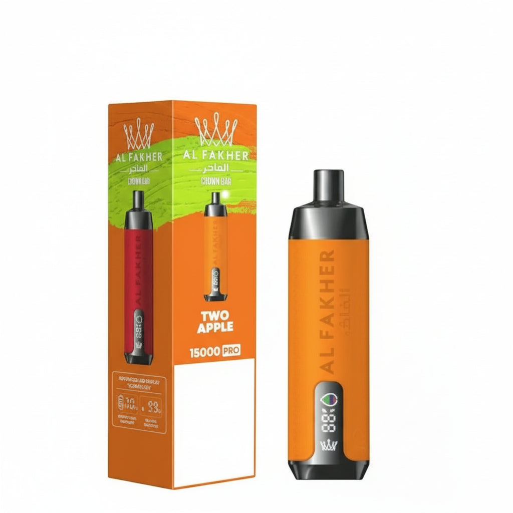 Al Fakher Crown Bar Two Apple 15000 Pro orange vape device and packaging on white background