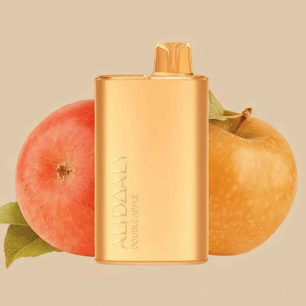 Gold vape device labeled Double Apple with red and yellow apples on a beige background