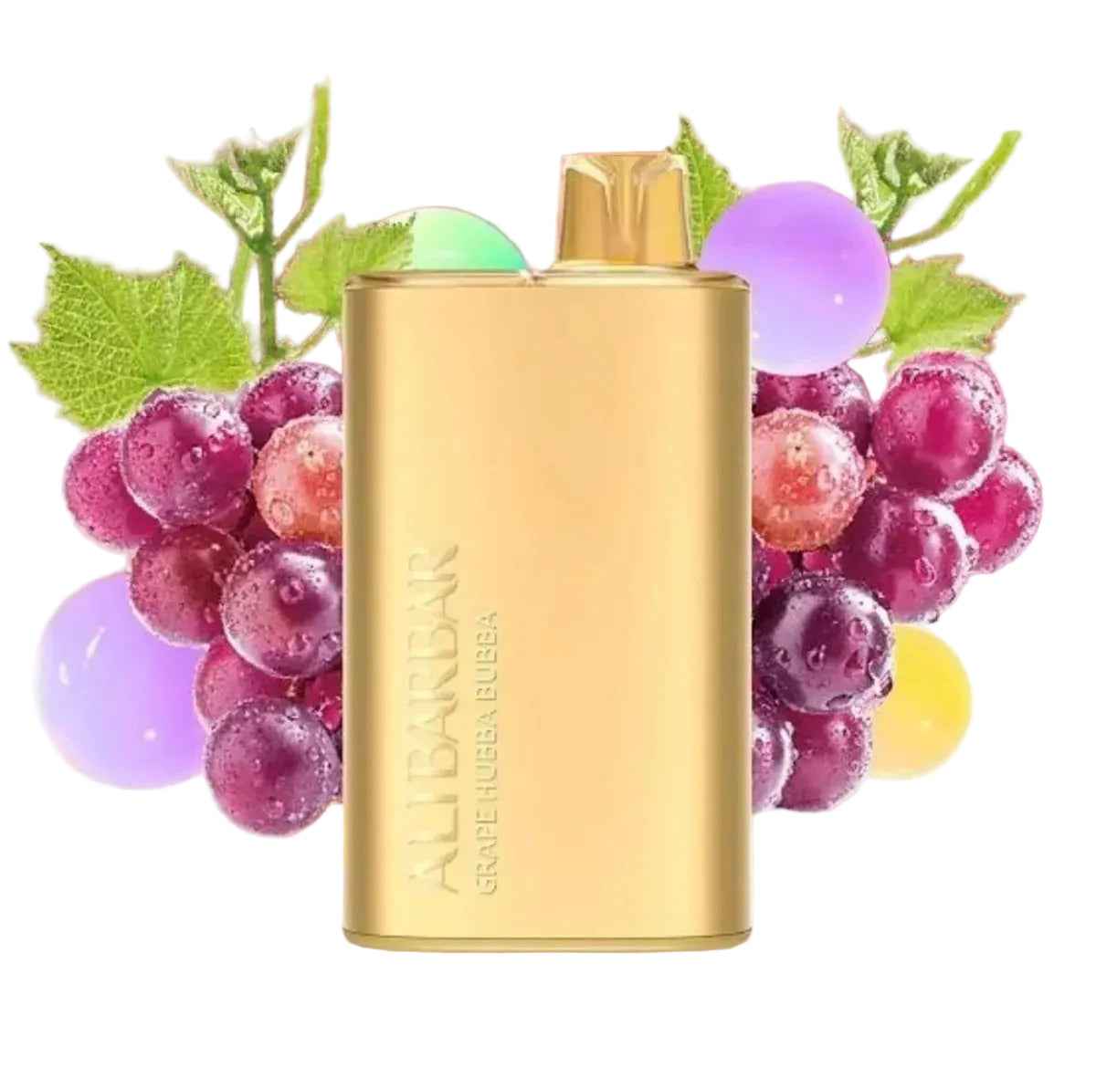 Gold vape device with grape flavor, surrounded by fresh grapes and colorful spheres.