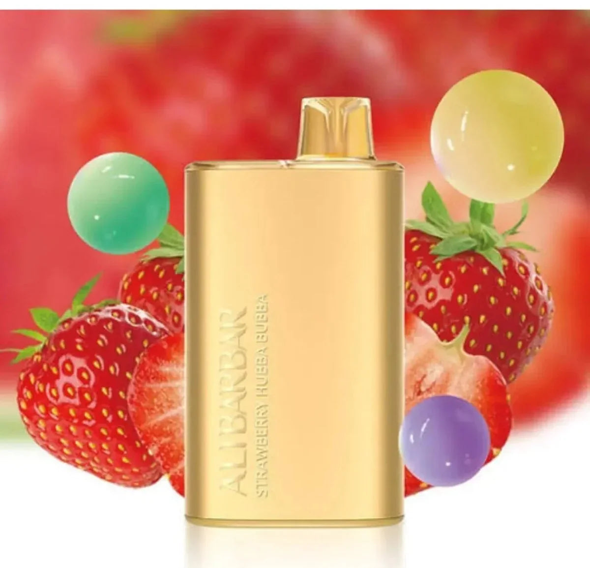 Gold disposable vape device with strawberries and colorful spheres on a vibrant red background