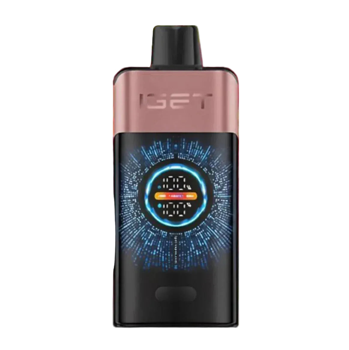 Black and rose gold vape device with LED digital display and mouthpiece, isolated on white