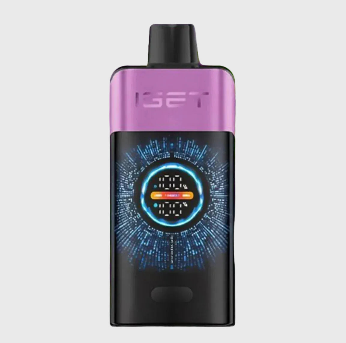 Purple and black vape device with digital display and futuristic LED light design on front