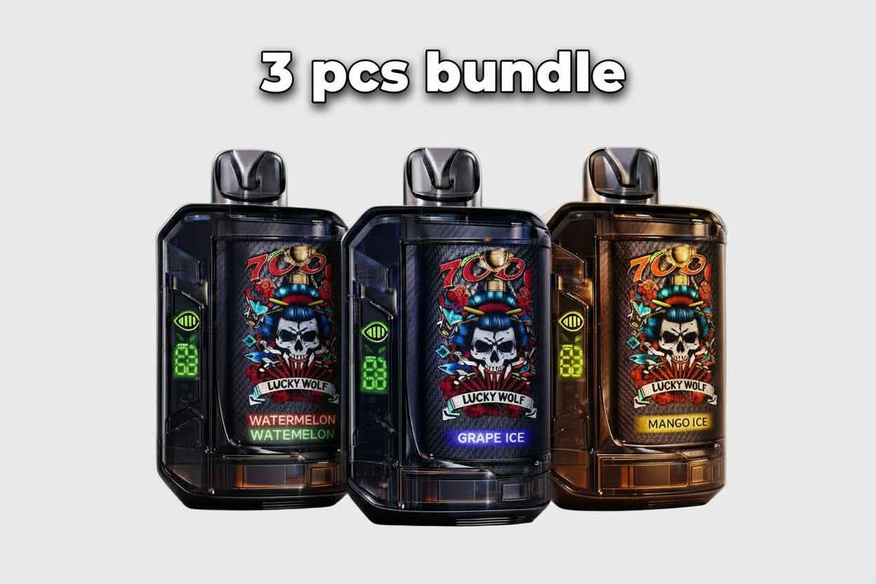 Three Lucky Wolf vape devices bundle with digital display, flavors: watermelon, grape ice, mango ice.