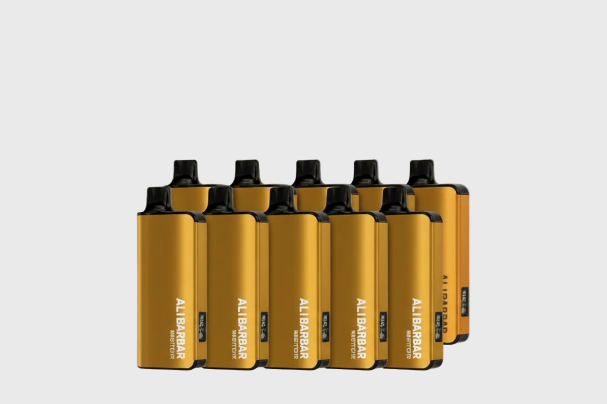 Alibarbarvaping.com gold disposable vape devices arranged in rows on a white background
