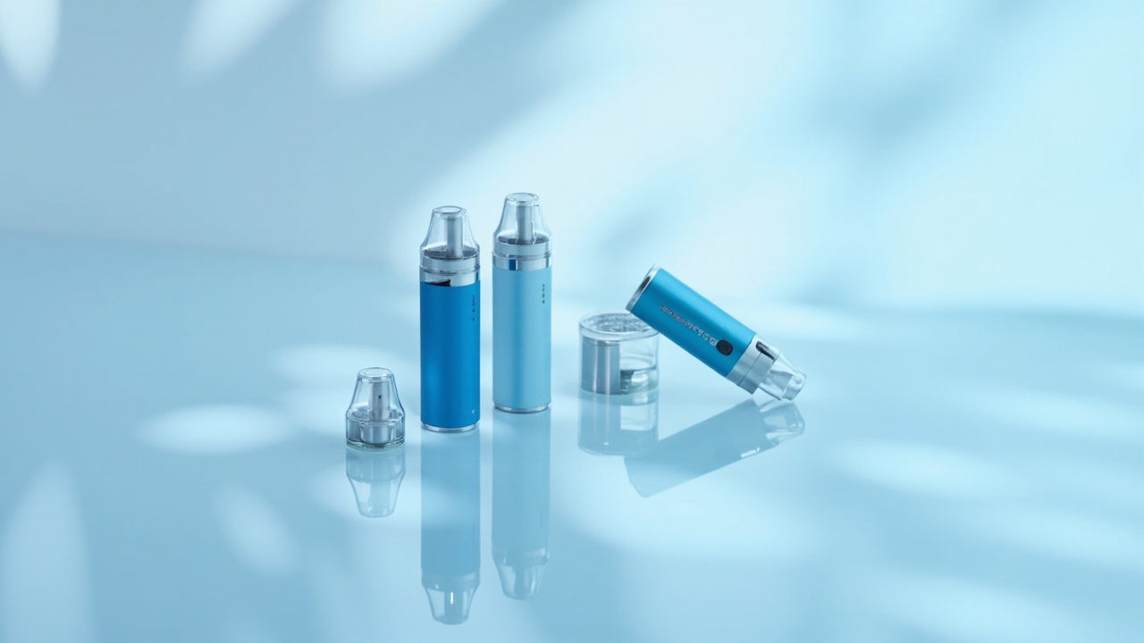 modern disposable vapes on reflective surface with soft lighting and cool tones