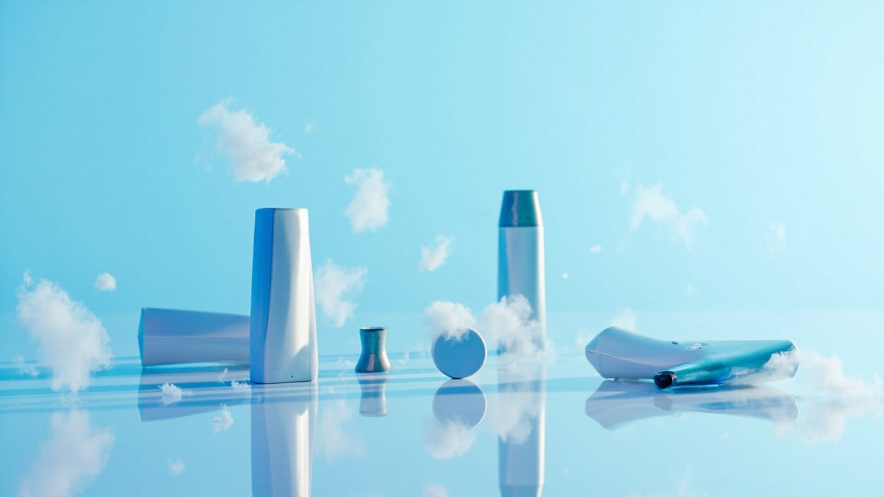 modern disposable vapes on reflective surface with soft light and subtle vapor clouds