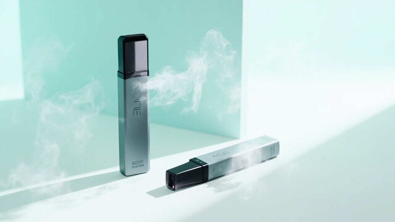 two disposable vapes on clean surface with soft vapor and cool lighting