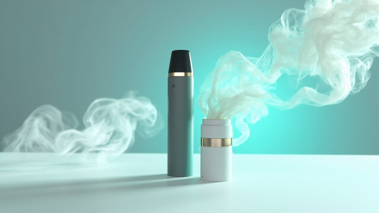 two disposable vapes on clean surface with soft vapor and cool lighting
