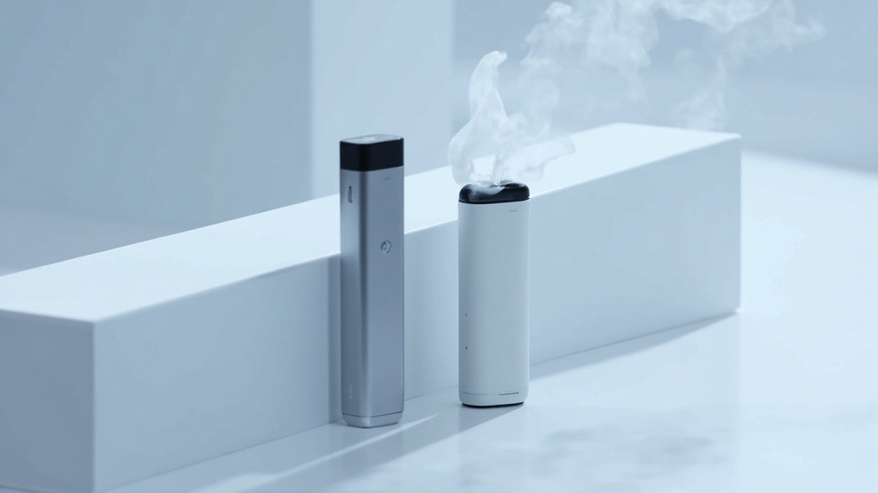 sleek disposable vapes on clean white surface with soft vapor swirl