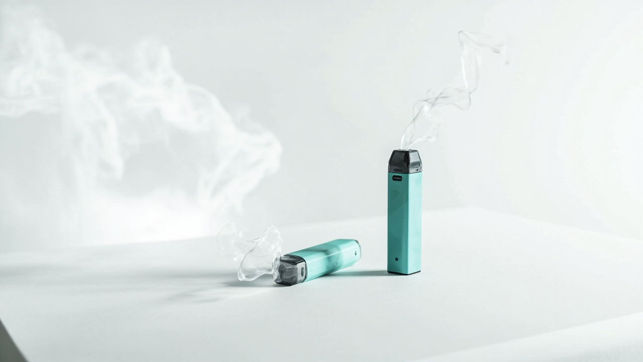 sleek disposable vapes on clean surface with soft vapor and cool lighting