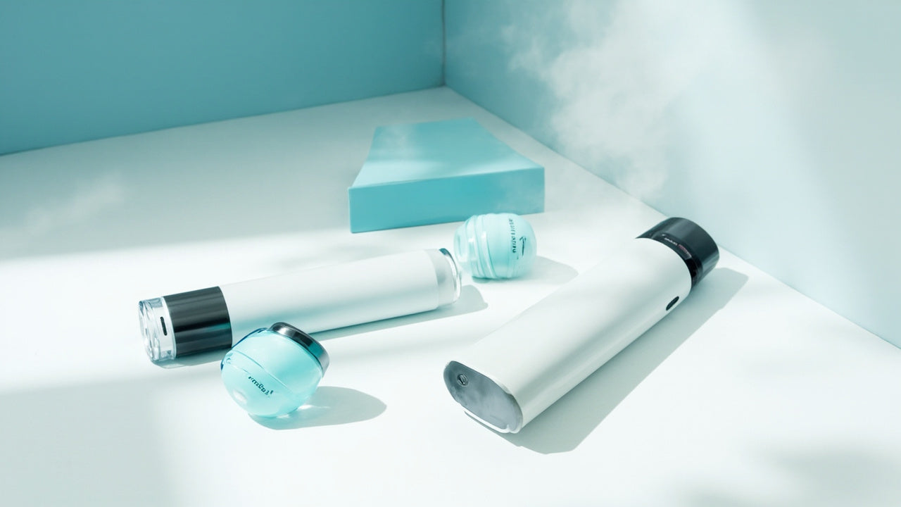 two disposable vapes on clean surface with soft mist and cool lighting