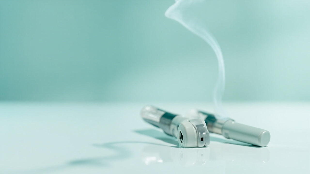 two disposable vapes on clean surface with soft vapor and cool lighting