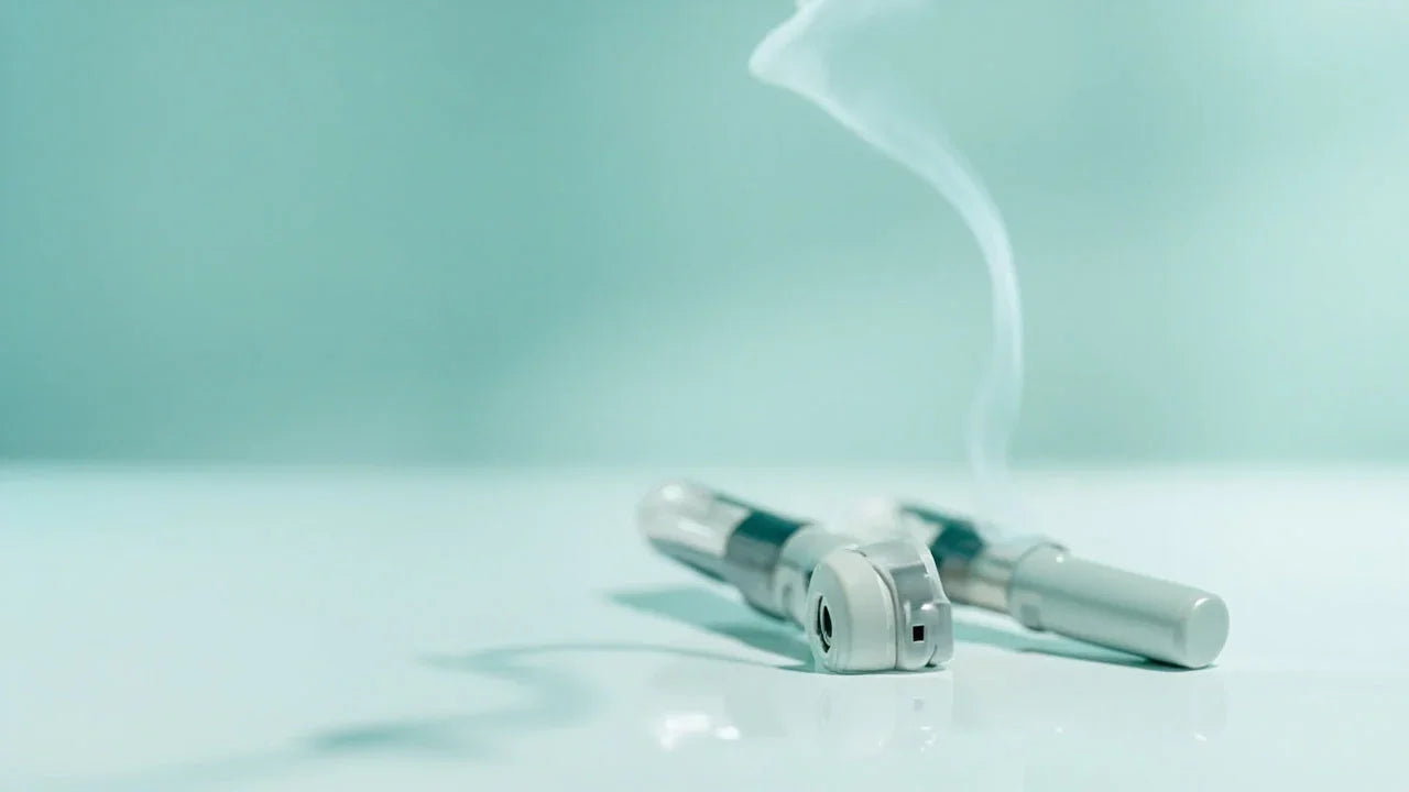 Two silver vape pens with rising vapor on a light blue reflective surface