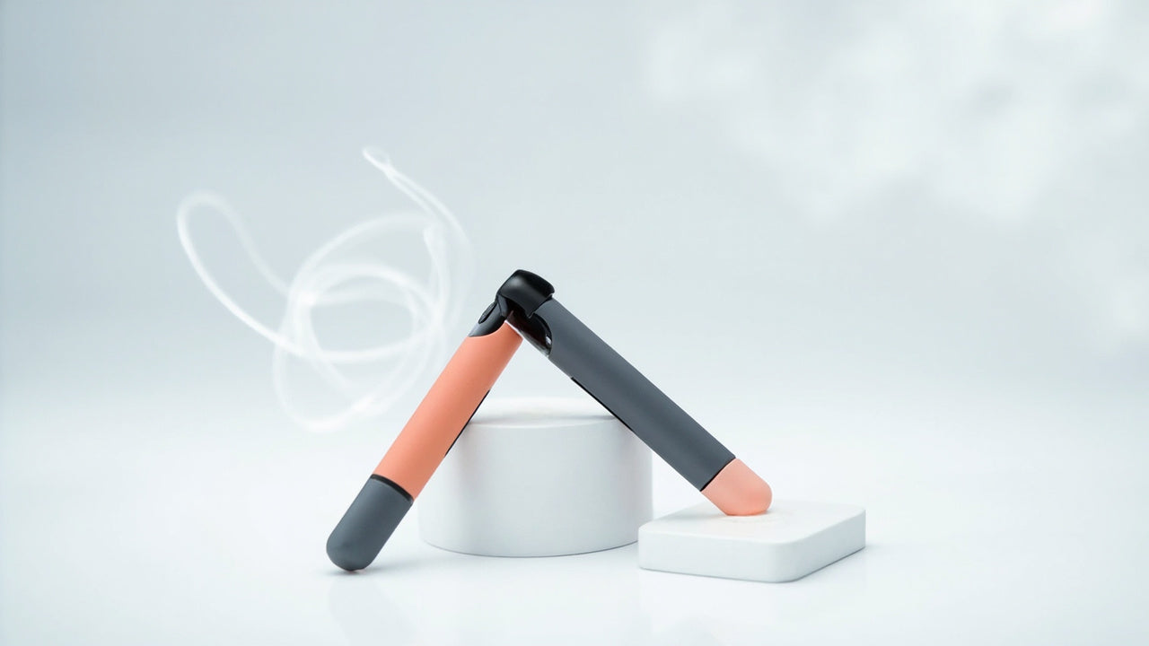 Two modern vape pens with peach and grey design, standing upright on minimalist white stands with visible vapor.