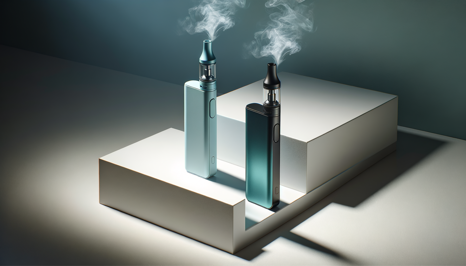 Sleek modern vape devices emitting vapor on minimalist white display steps, Alibarbarvaping.com