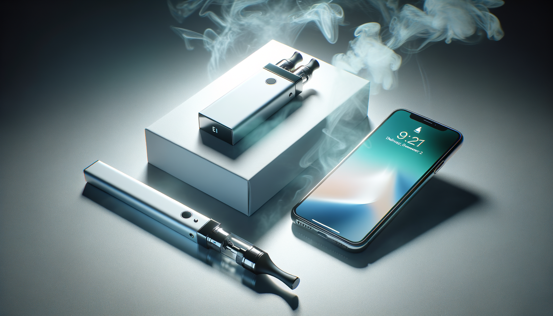 Sleek vape pens and smartphone on modern surface with vapor clouds, Alibarbarvaping.com