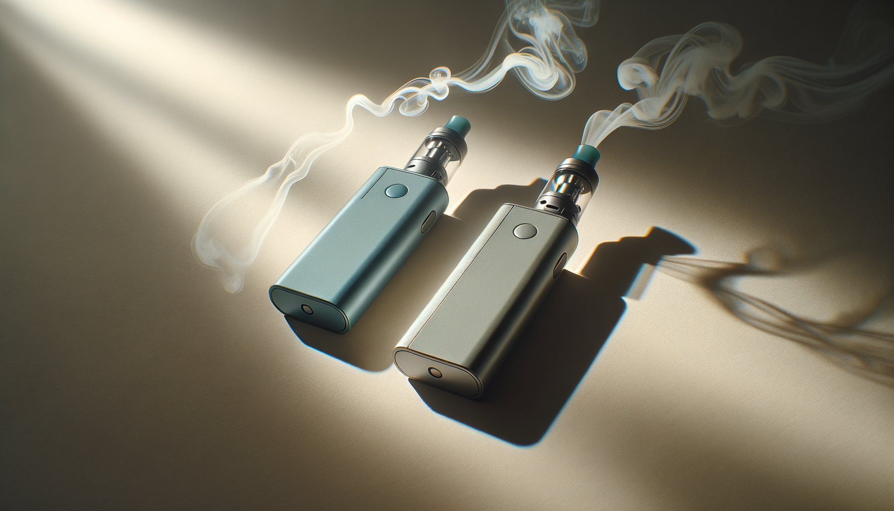 Two modern vape devices with vapor trails in soft lighting, on neutral background.