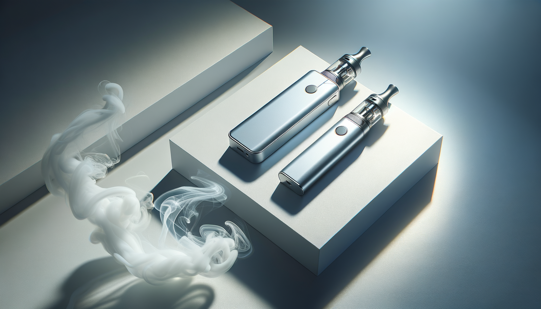 sleek disposable vapes on clean white surface with soft vapor and shadows