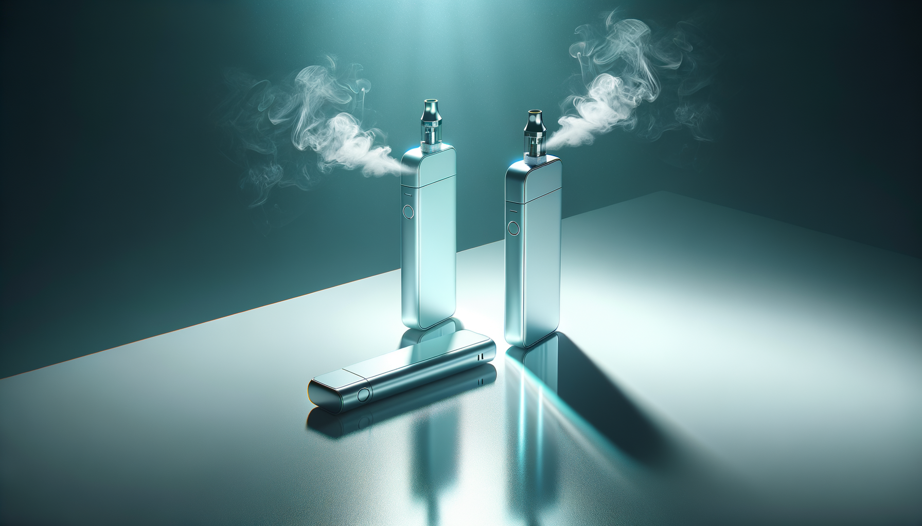 two disposable vapes on clean surface with soft vapor and cool lighting