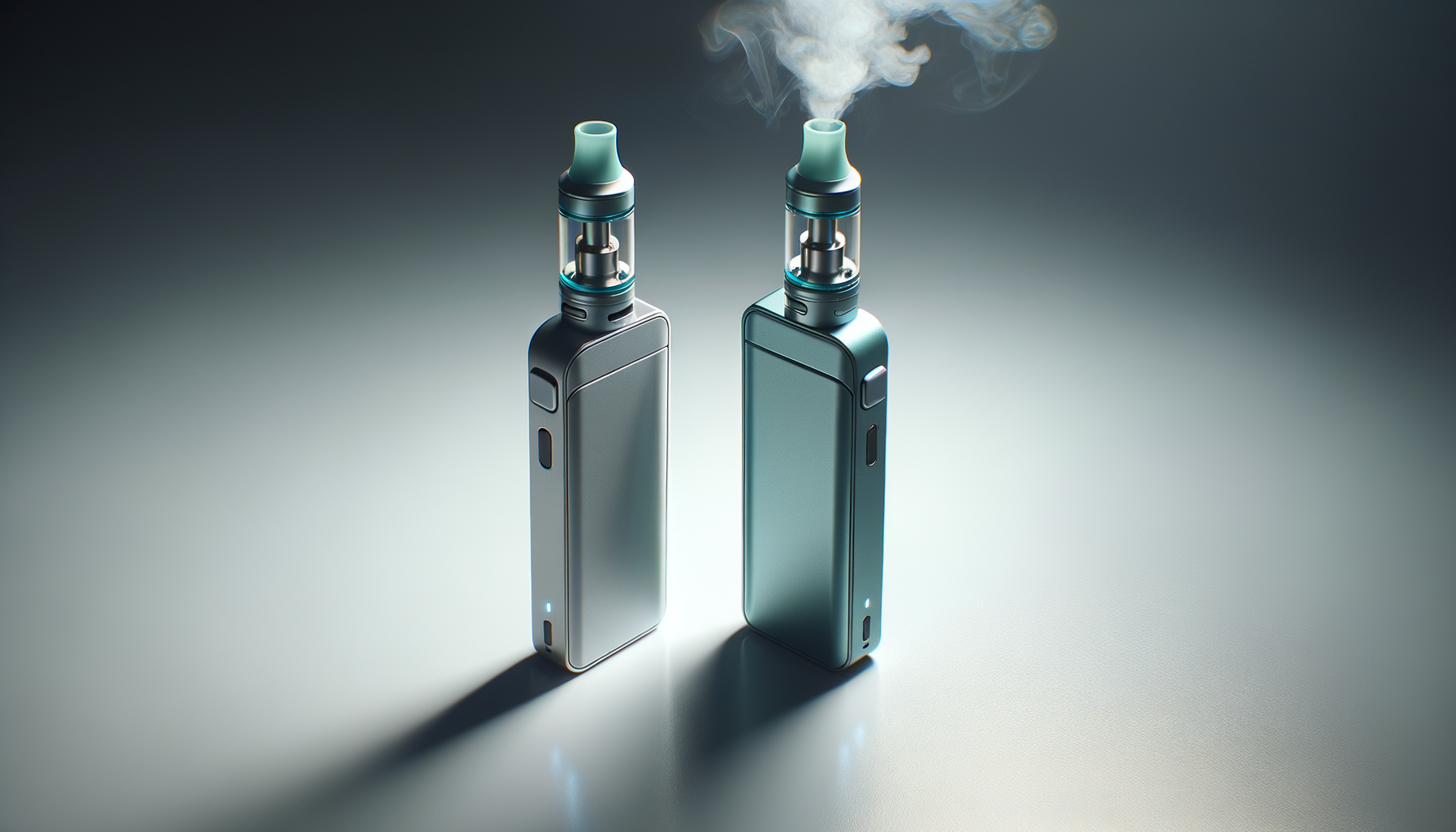 Two modern vaping devices with glass tanks, one emitting vapor, on a neutral background.
