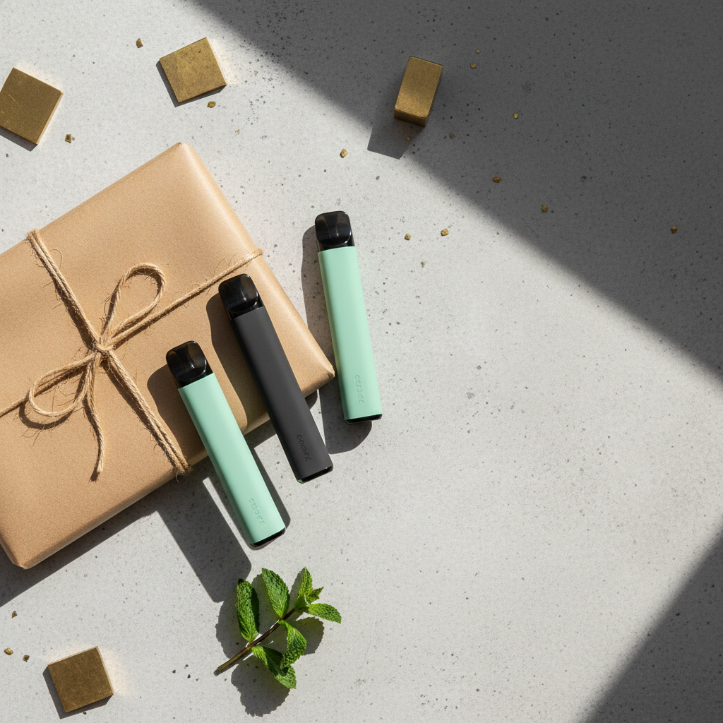 disposable vape devices beside a plain shipping parcel on light concrete surface