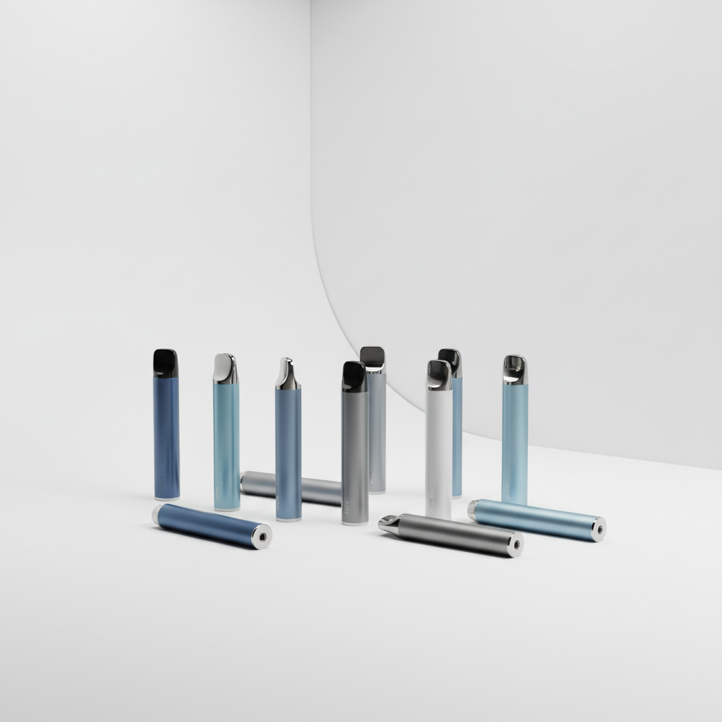 sleek disposable vapes arranged cleanly on a white surface with soft lighting