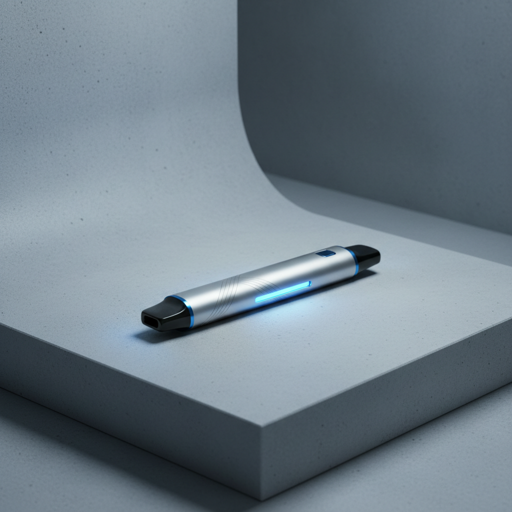 sleek disposable vape on concrete, soft blue and silver lighting