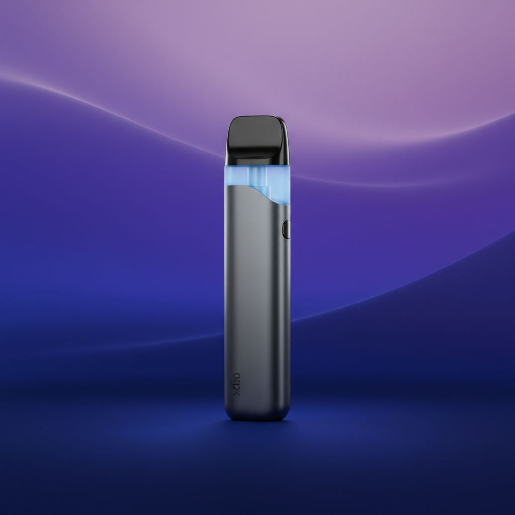 sleek disposable vape glowing on a deep blue and purple gradient background