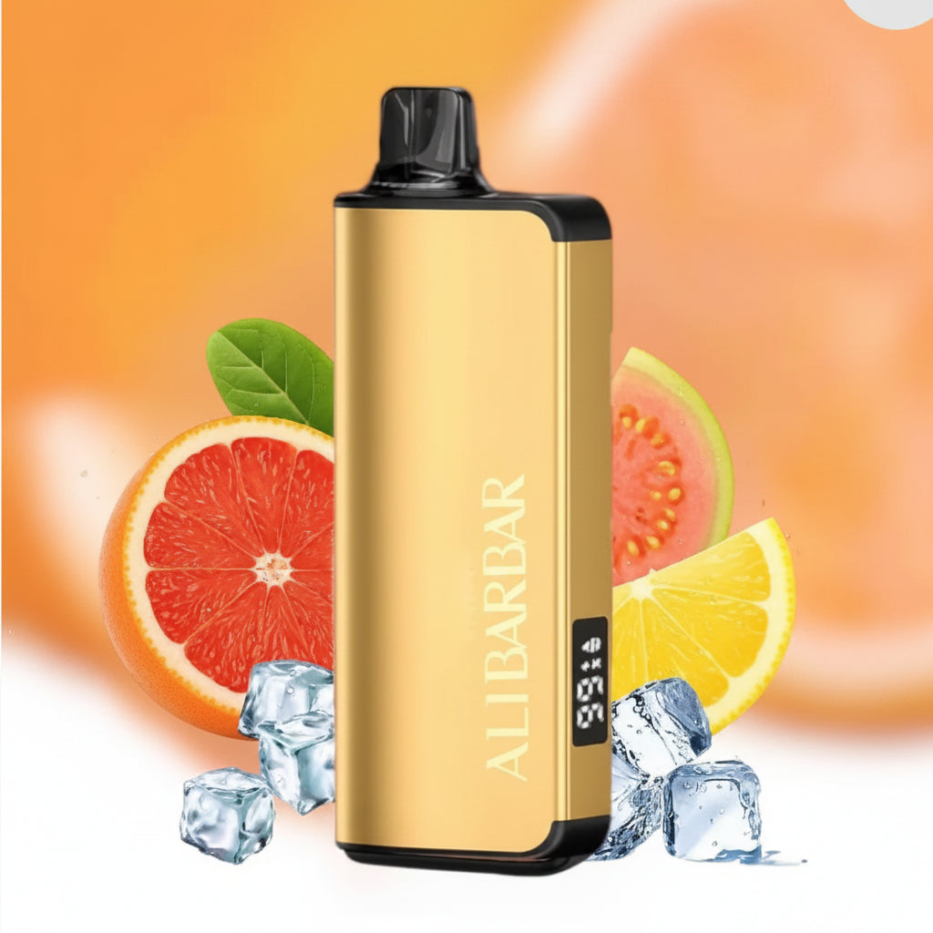 Gold vape device with ALIBARBAR label, surrounded by grapefruit, guava, lemon, and ice cubes