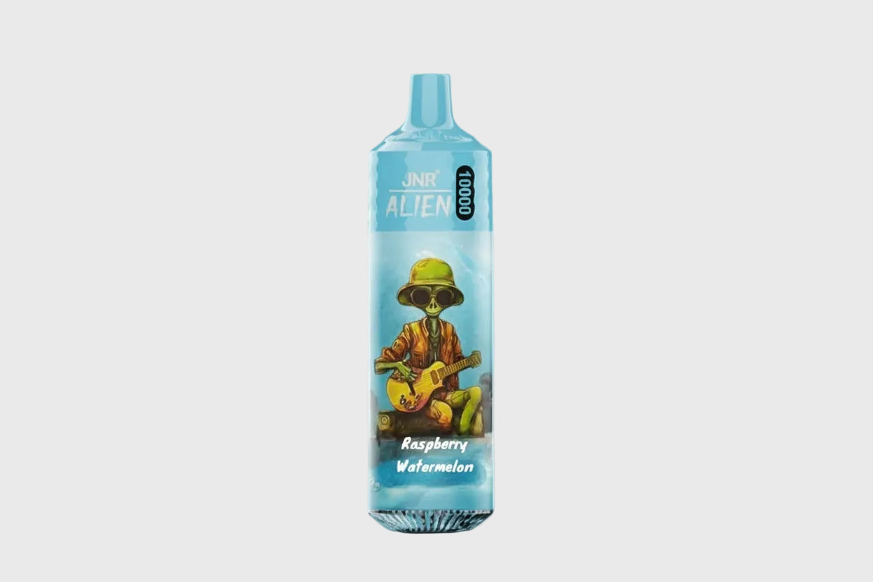 Blue vape device with alien illustration, labeled Raspberry Watermelon, isolated on white.