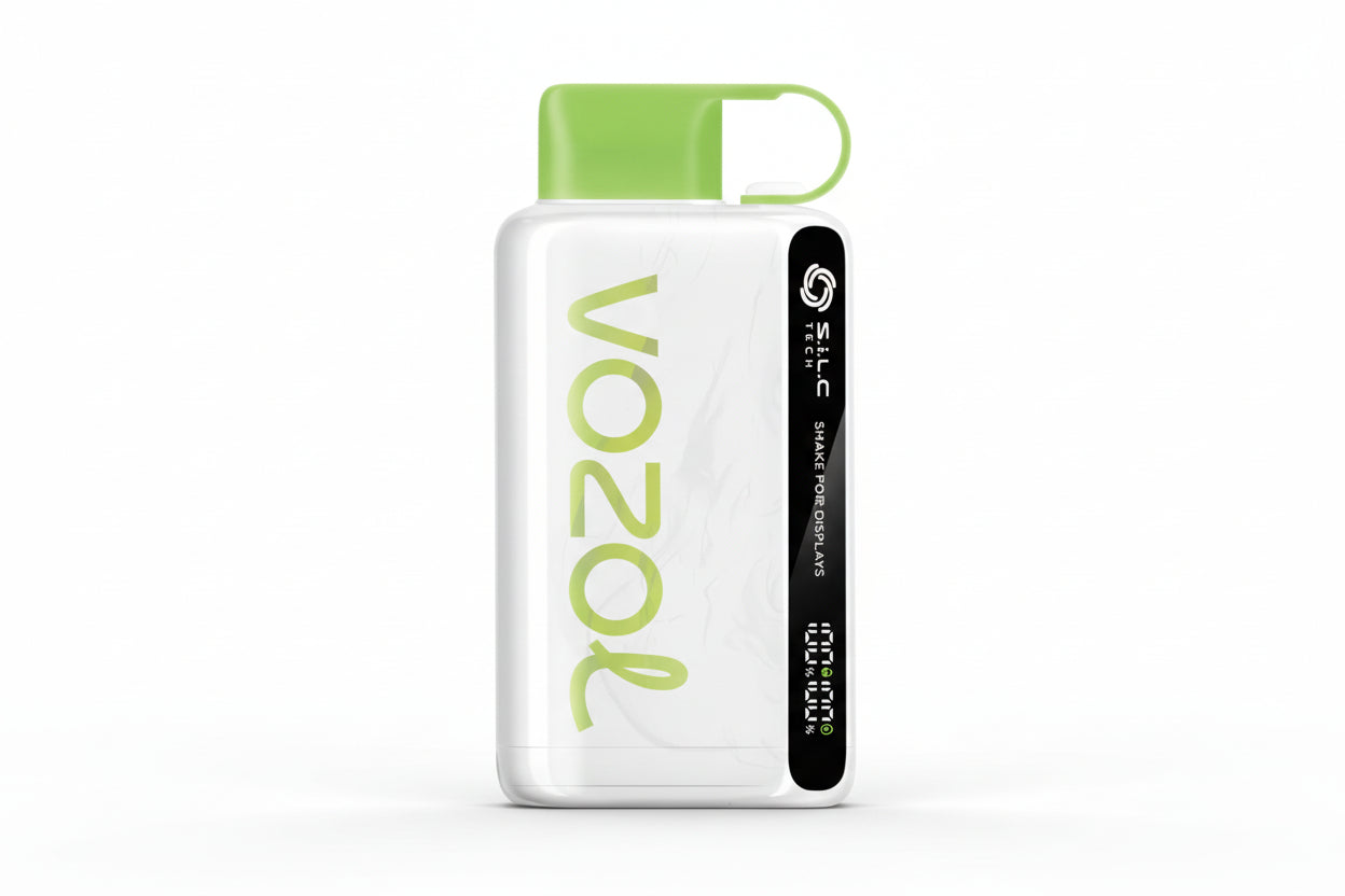 White and green disposable vape device with VOZOL branding, modern design, isolated on white background.