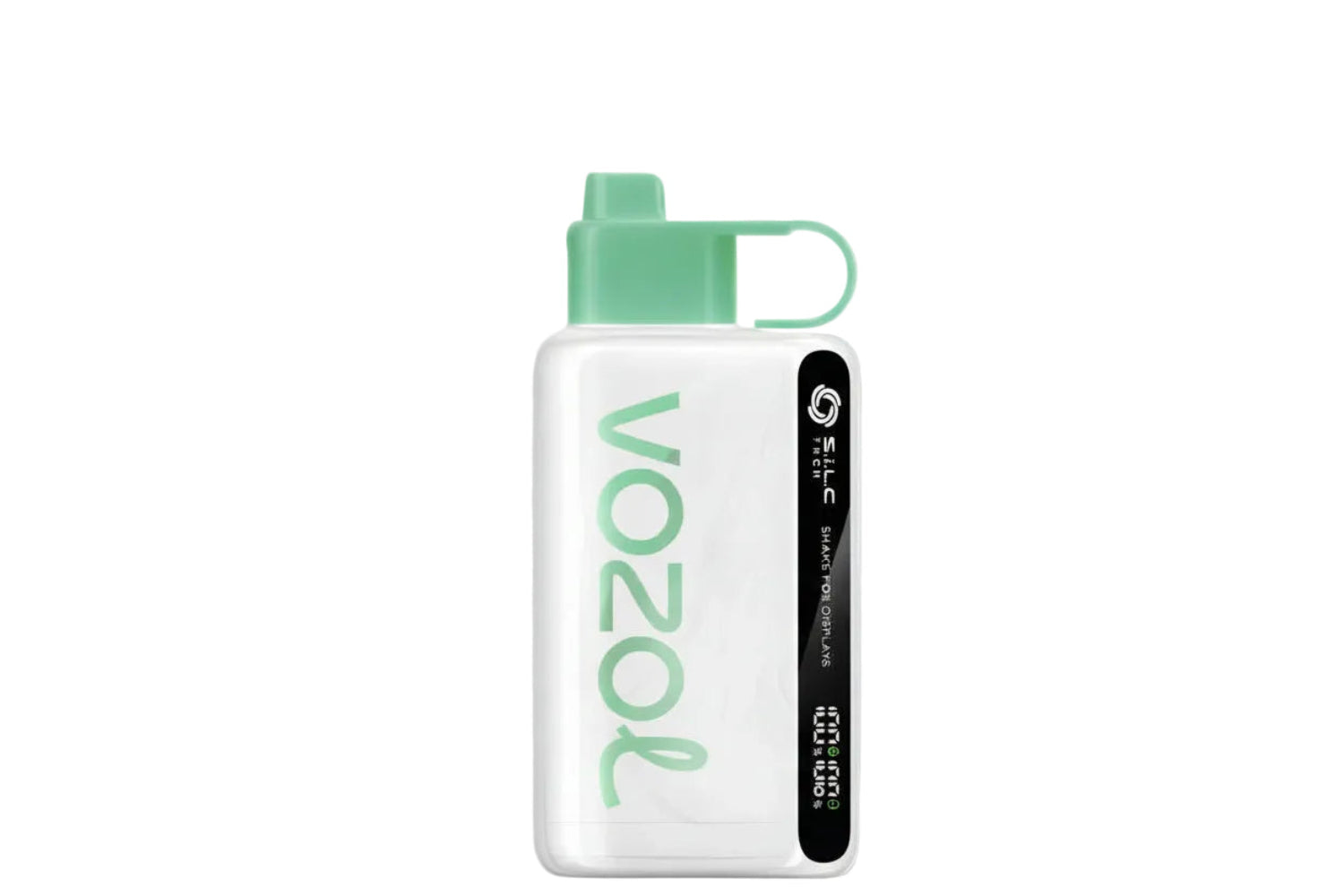 Compact white and mint green Vozol vape device with side label, isolated on white background