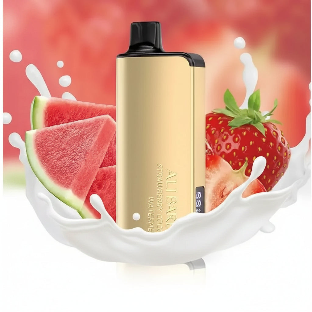 Gold vape device with digital display, strawberry and watermelon splash background, Alibarbarvaping.com